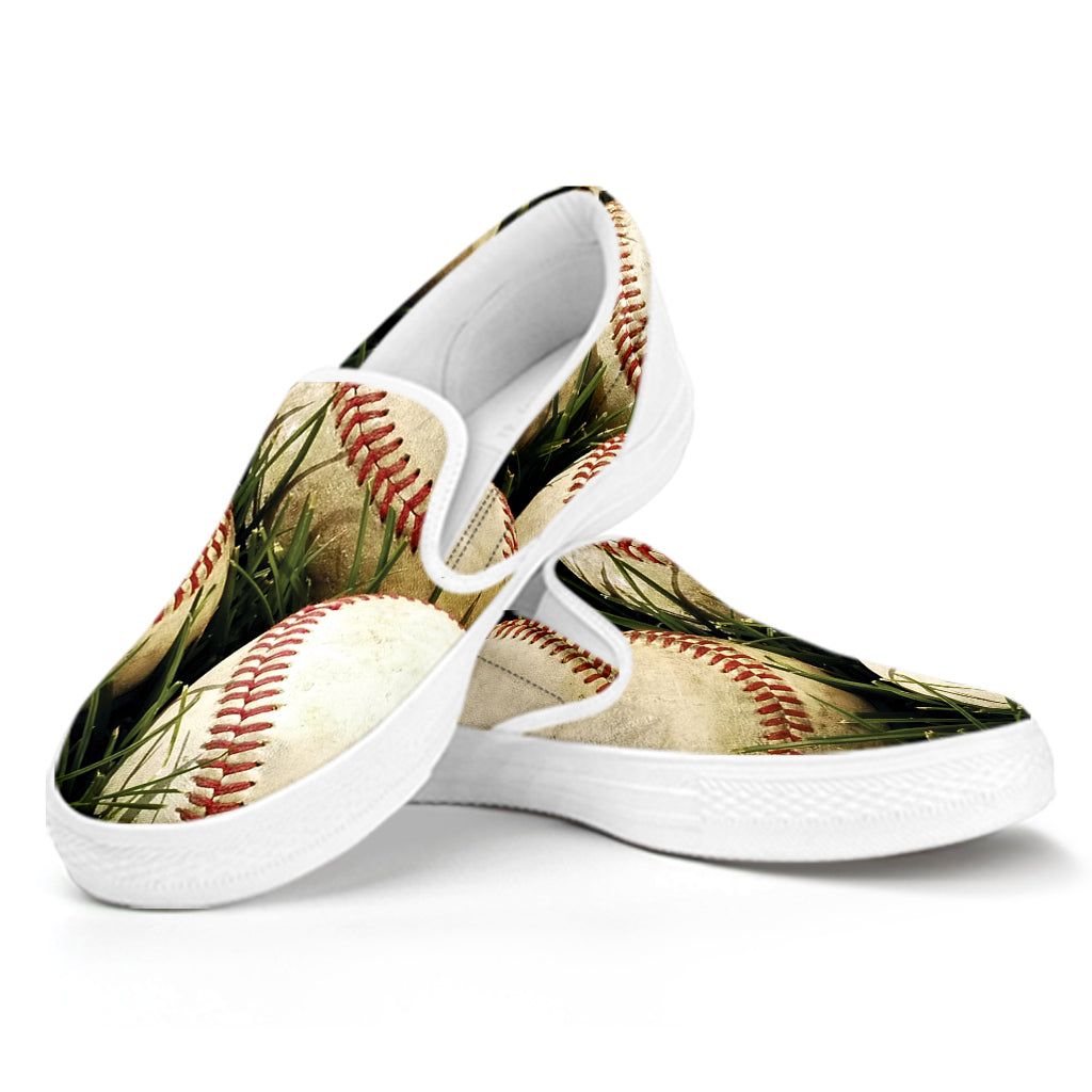 Baseballs On Field Print White Slip On Shoes