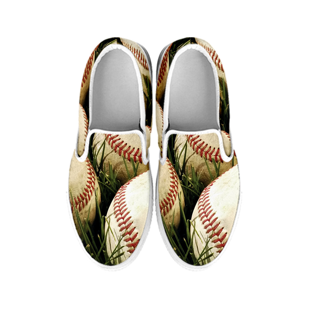 Baseballs On Field Print White Slip On Shoes