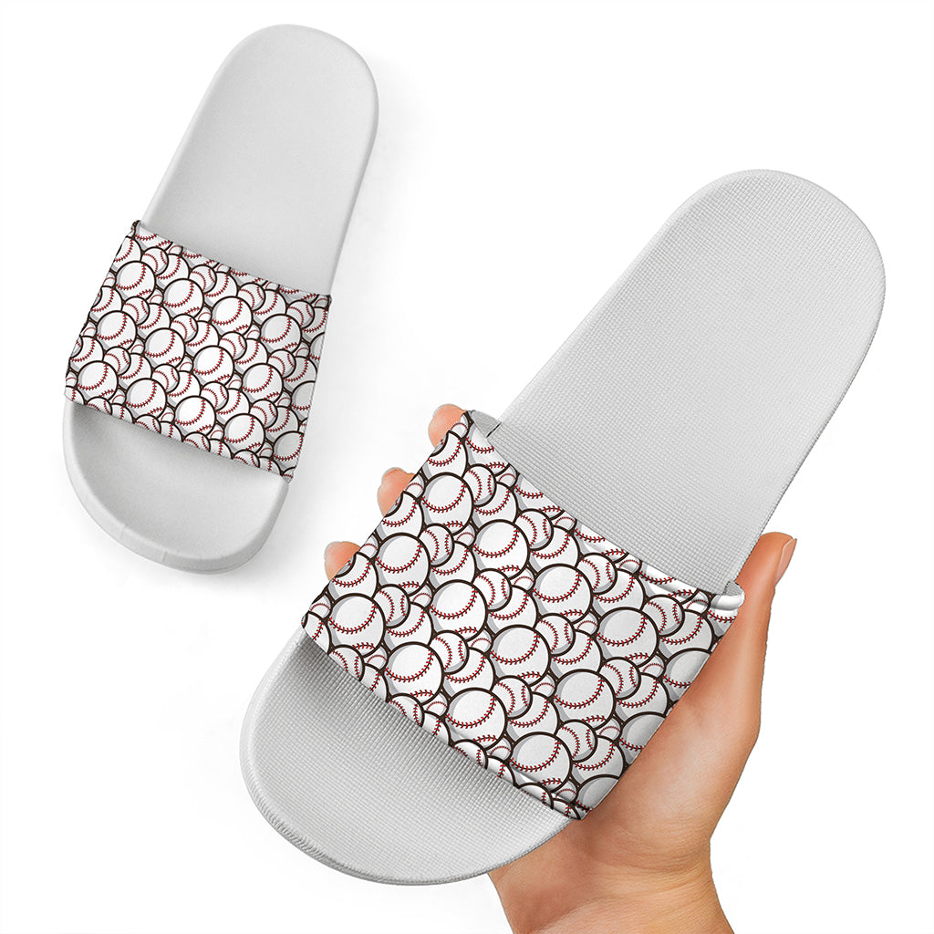 Baseballs Pattern Print White Slide Sandals