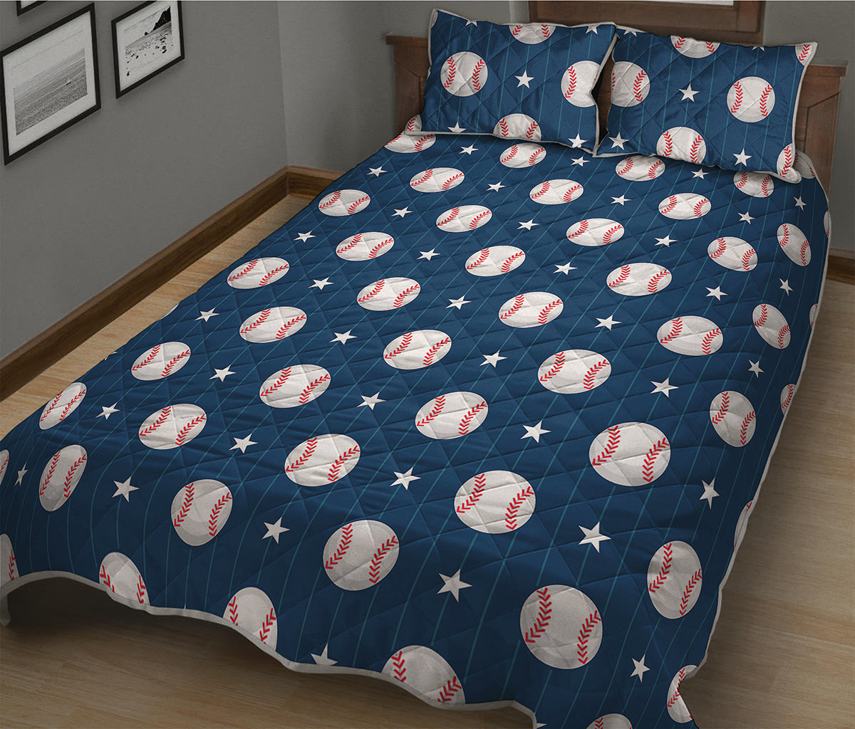Baseballs Star Pattern Print Quilt Bed Set