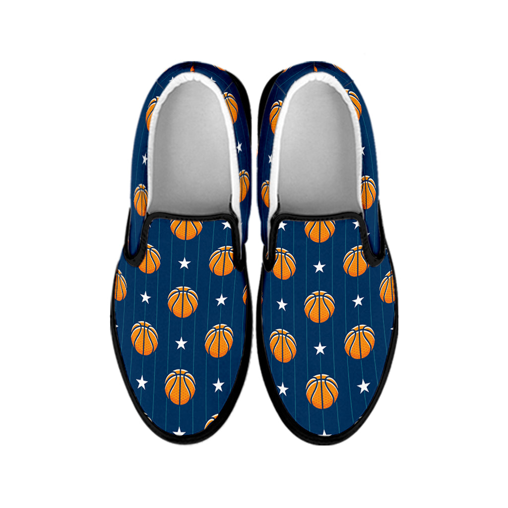 Basketball And Star Pattern Print Black Slip On Shoes