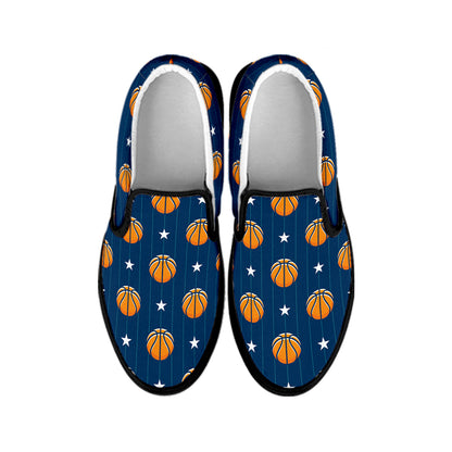 Basketball And Star Pattern Print Black Slip On Shoes