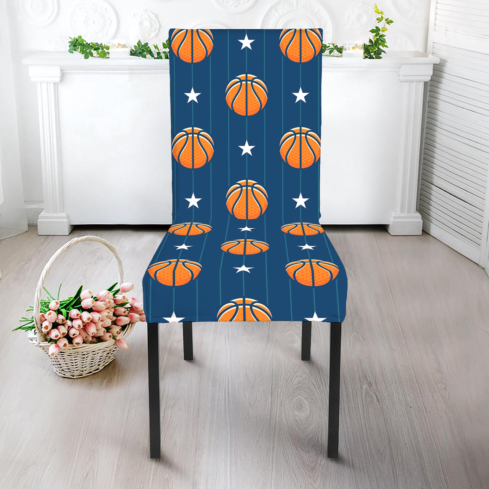 Basketball And Star Pattern Print Dining Chair Slipcover