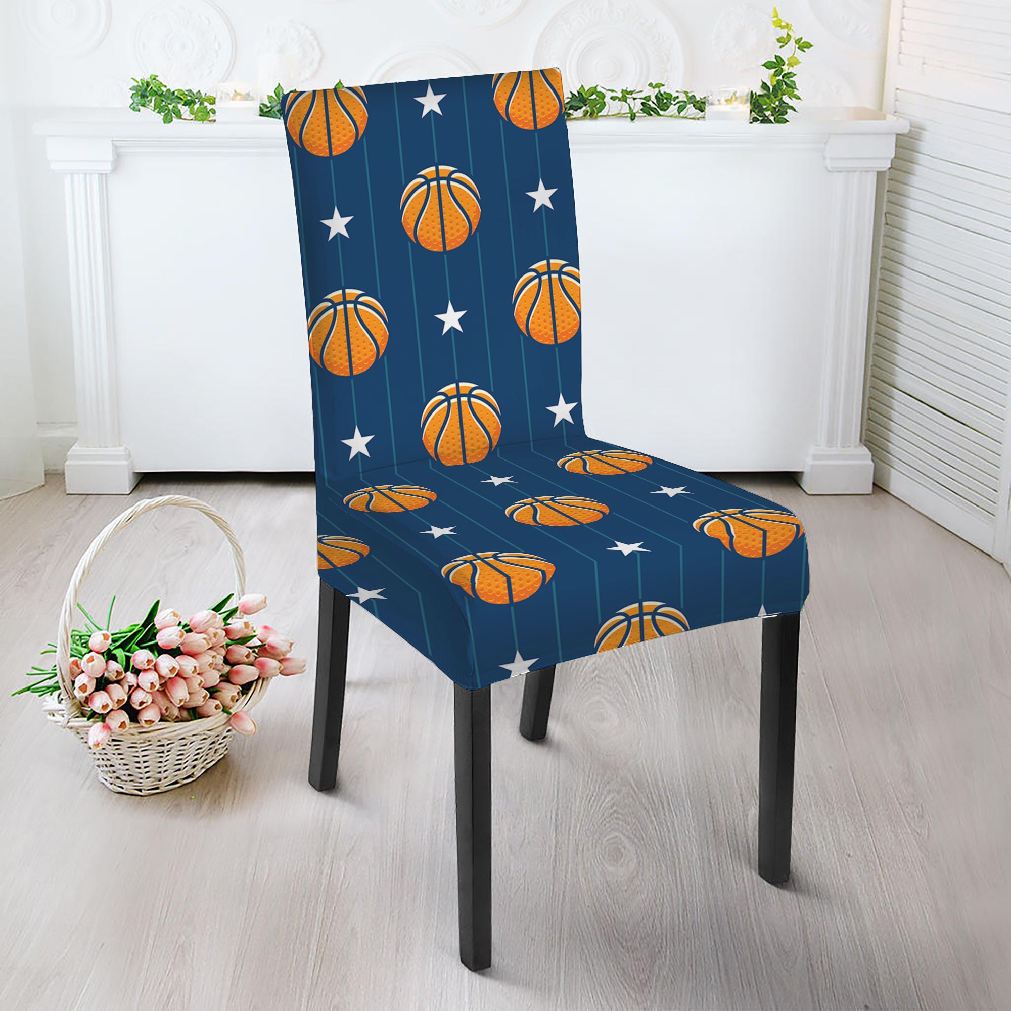 Basketball And Star Pattern Print Dining Chair Slipcover