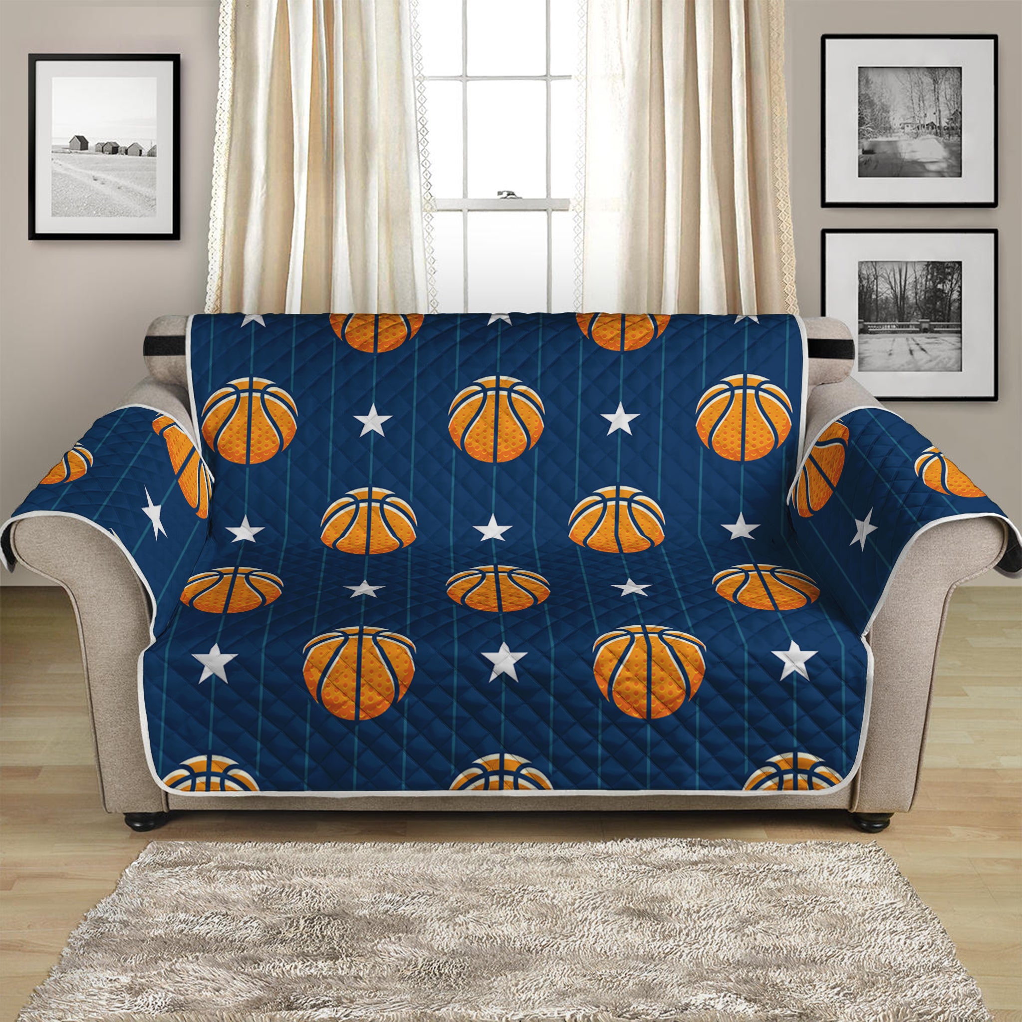 Basketball And Star Pattern Print Loveseat Protector