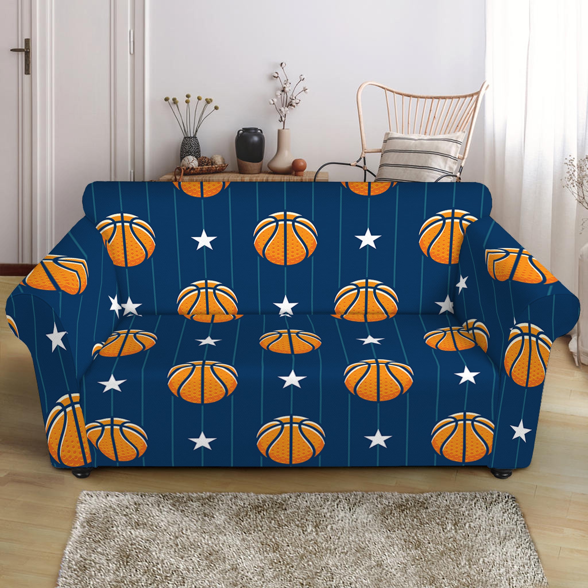 Basketball And Star Pattern Print Loveseat Slipcover