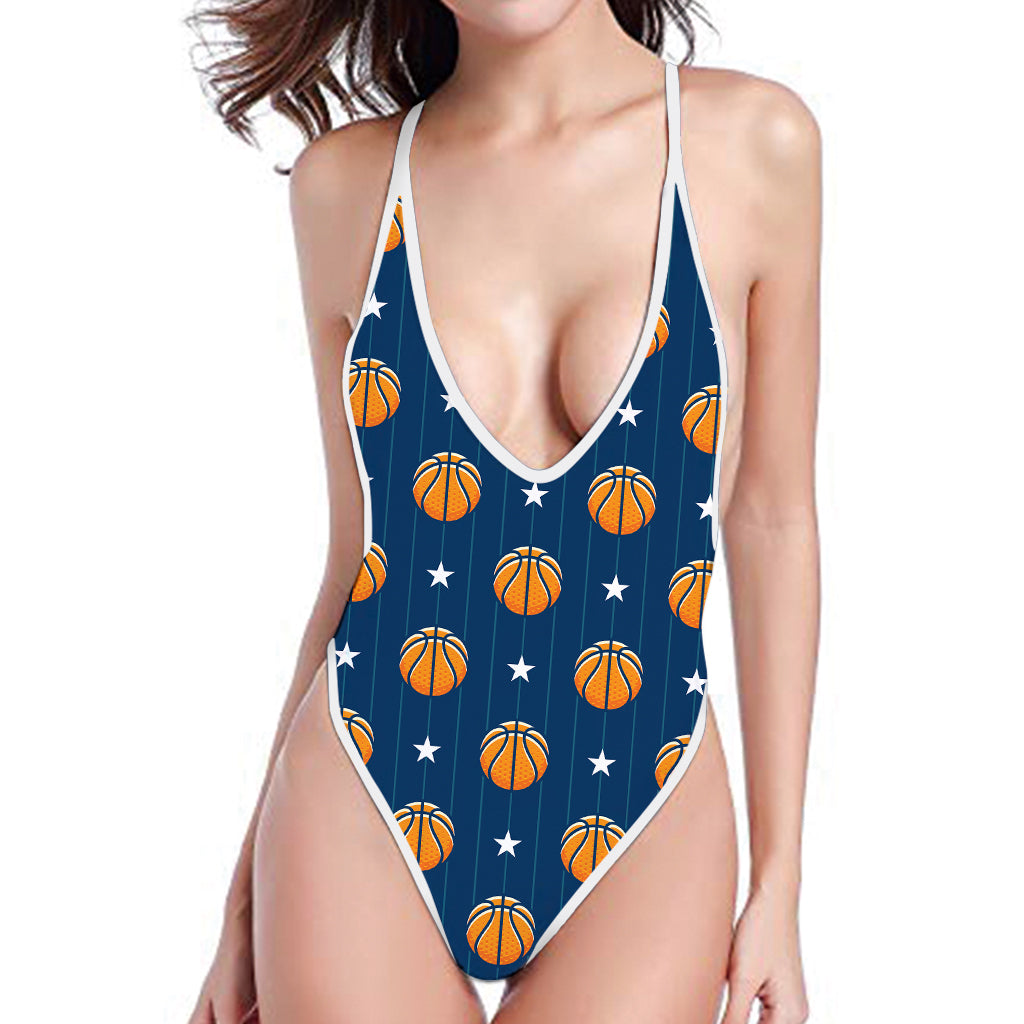 Basketball And Star Pattern Print One Piece High Cut Swimsuit