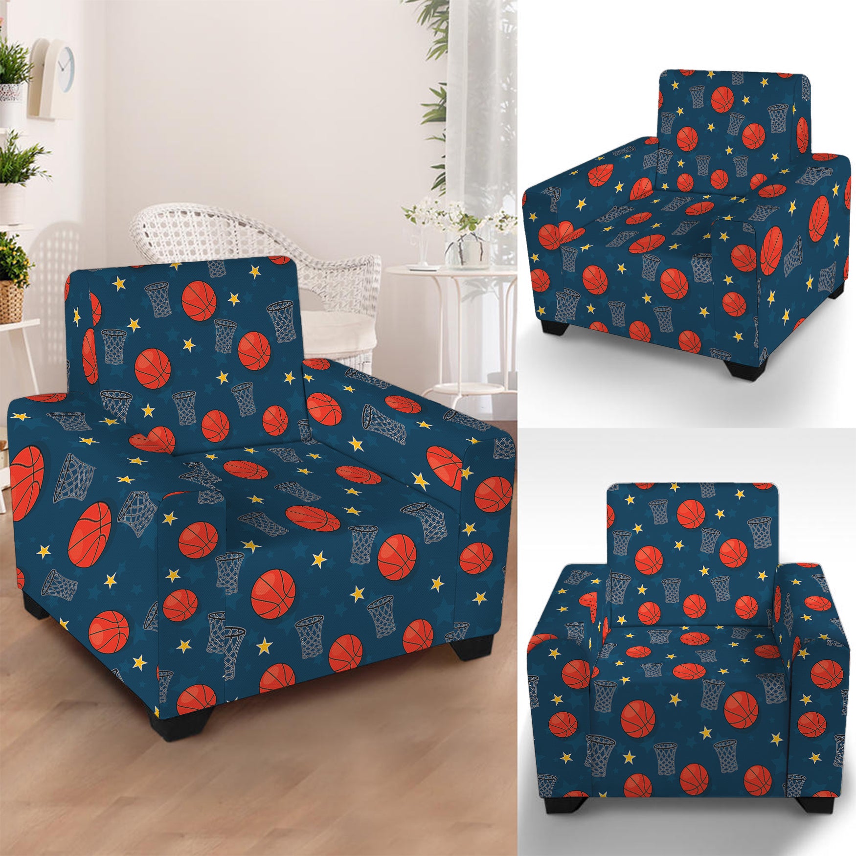 Basketball Theme Pattern Print Armchair Slipcover