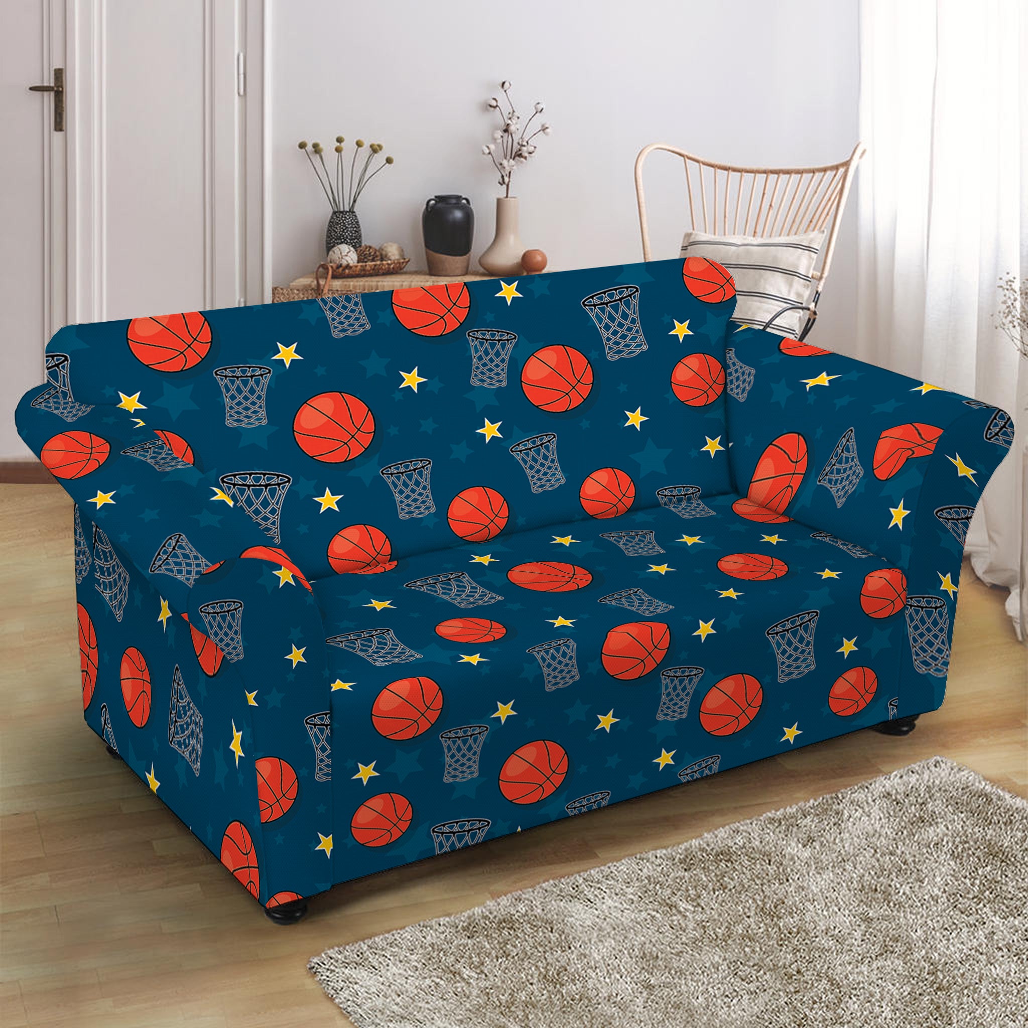 Basketball Theme Pattern Print Loveseat Slipcover