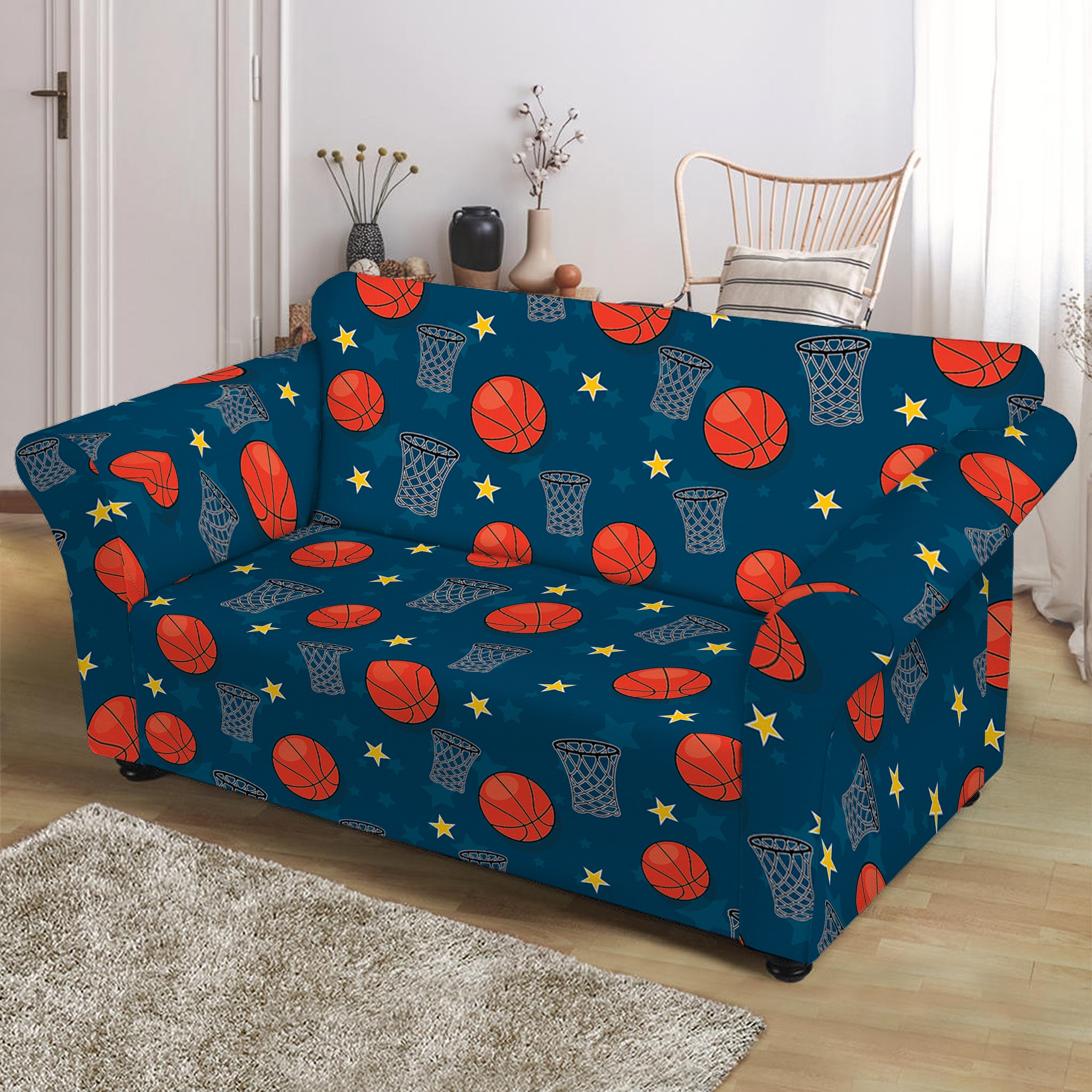 Basketball Theme Pattern Print Loveseat Slipcover