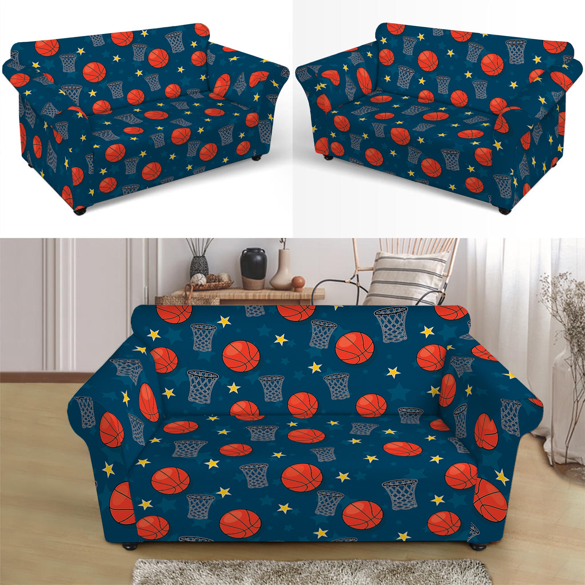 Basketball Theme Pattern Print Loveseat Slipcover