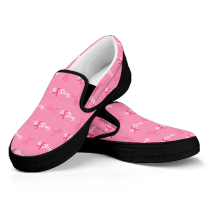 Be Strong Breast Cancer Pattern Print Black Slip On Shoes