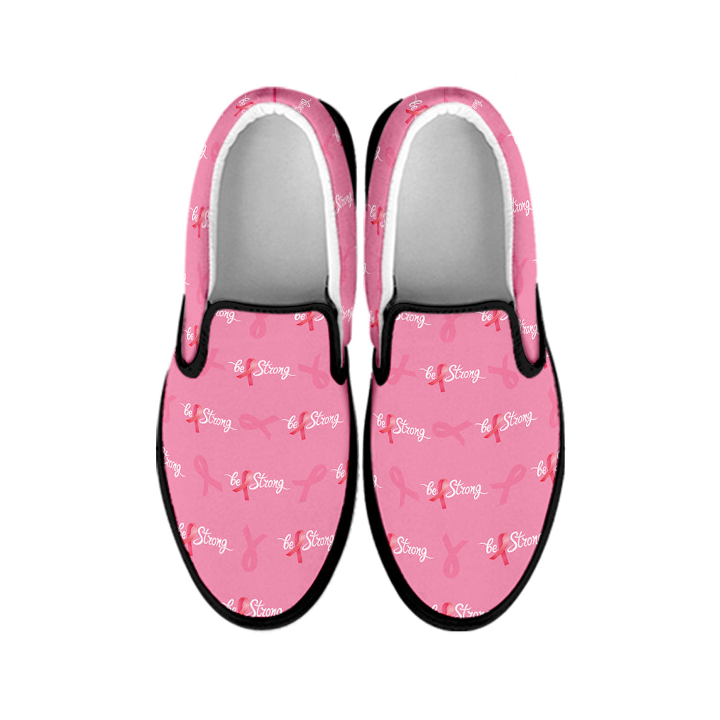 Be Strong Breast Cancer Pattern Print Black Slip On Shoes