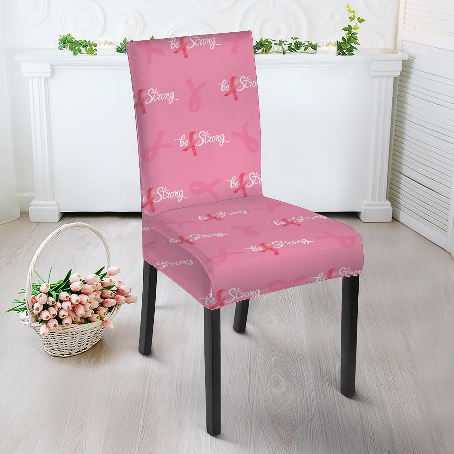 Be Strong Breast Cancer Pattern Print Dining Chair Slipcover