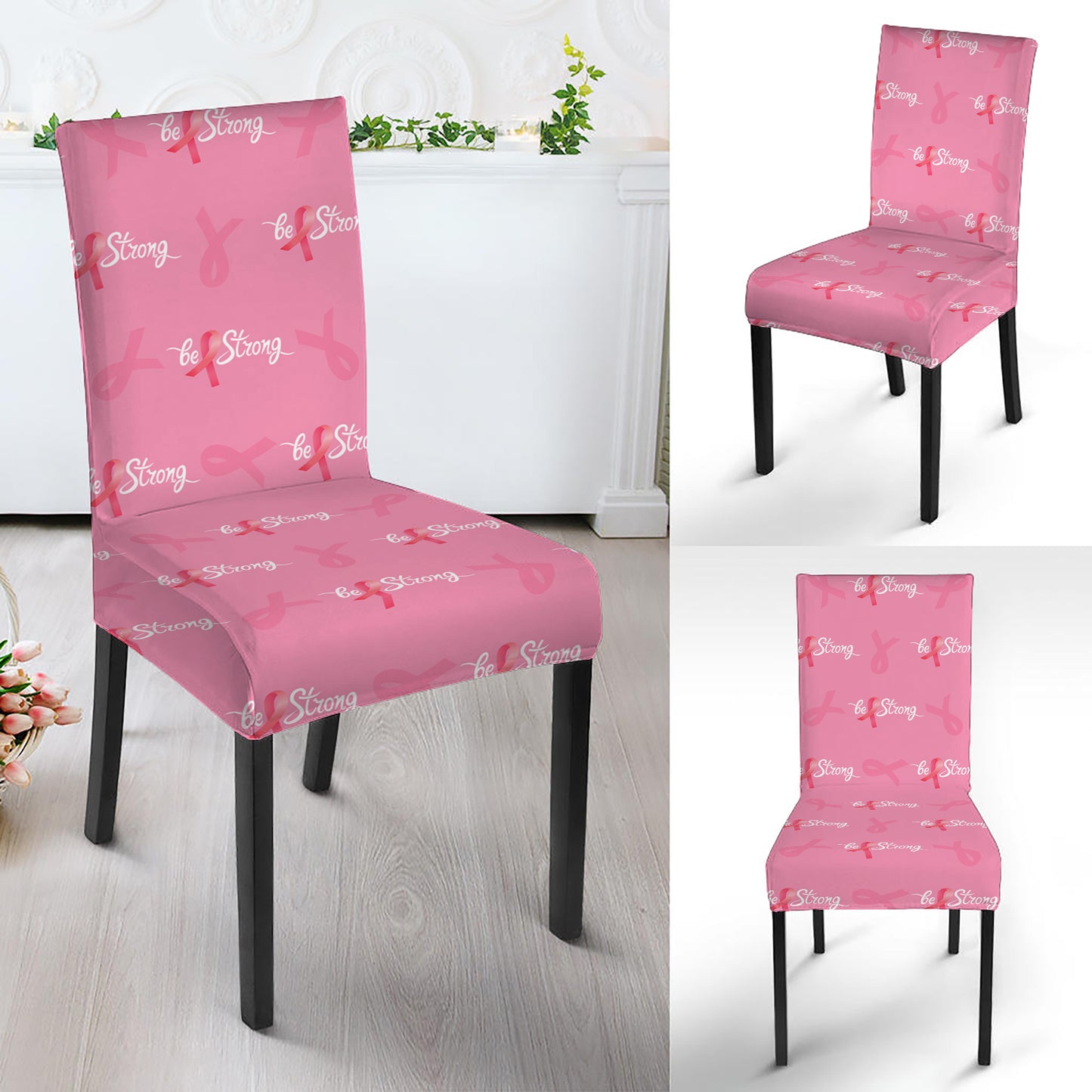 Be Strong Breast Cancer Pattern Print Dining Chair Slipcover