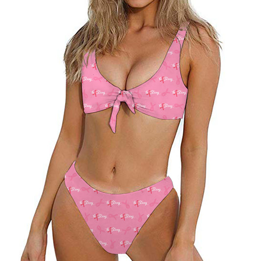 Be Strong Breast Cancer Pattern Print Front Bow Tie Bikini