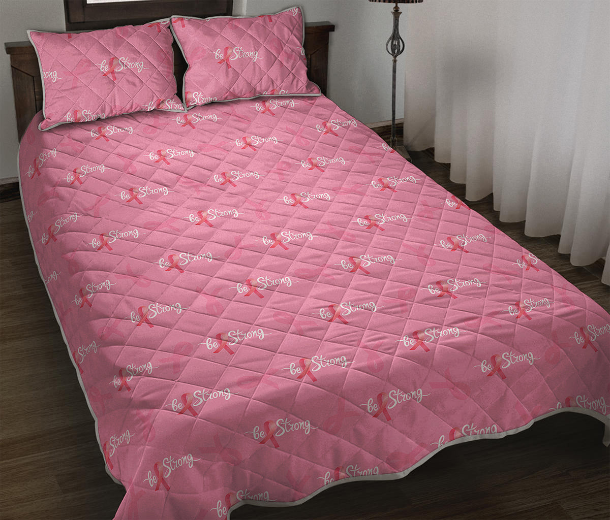 Be Strong Breast Cancer Pattern Print Quilt Bed Set