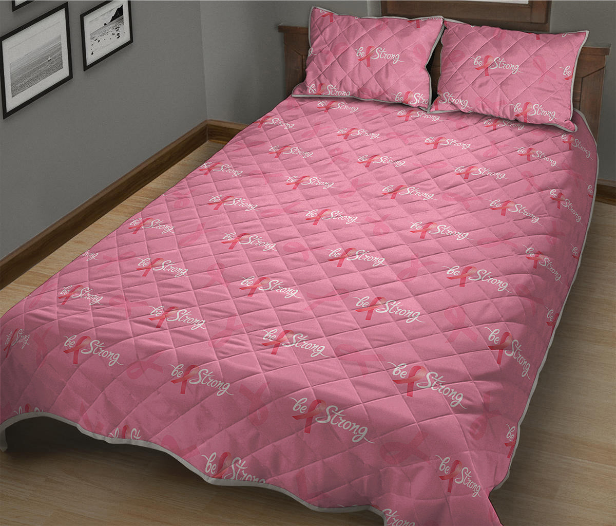 Be Strong Breast Cancer Pattern Print Quilt Bed Set