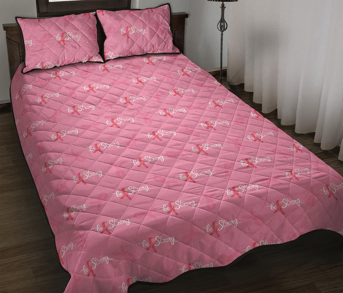 Be Strong Breast Cancer Pattern Print Quilt Bed Set