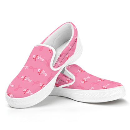 Be Strong Breast Cancer Pattern Print White Slip On Shoes