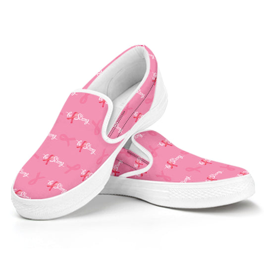 Be Strong Breast Cancer Pattern Print White Slip On Shoes