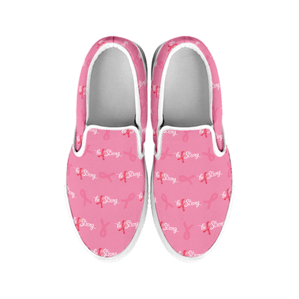 Be Strong Breast Cancer Pattern Print White Slip On Shoes