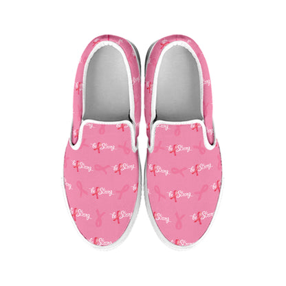 Be Strong Breast Cancer Pattern Print White Slip On Shoes