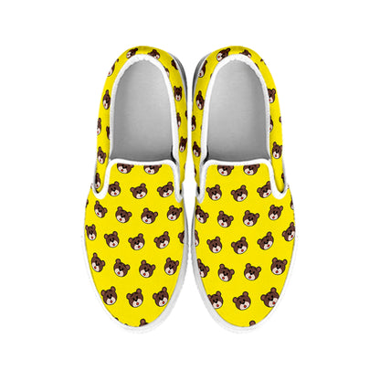 Bear Emoji Pattern Print White Slip On Shoes