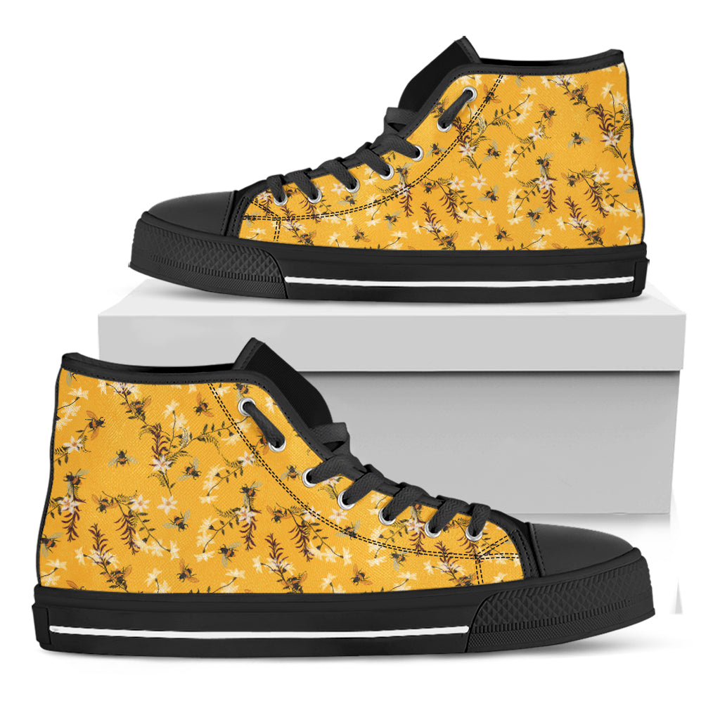 Bee Drawing Pattern Print Black High Top Shoes