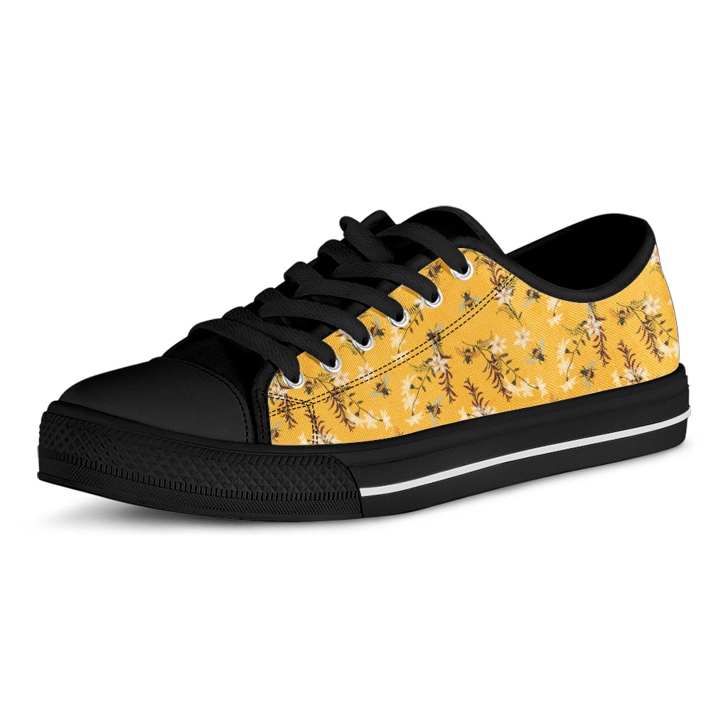 Bee Drawing Pattern Print Black Low Top Shoes