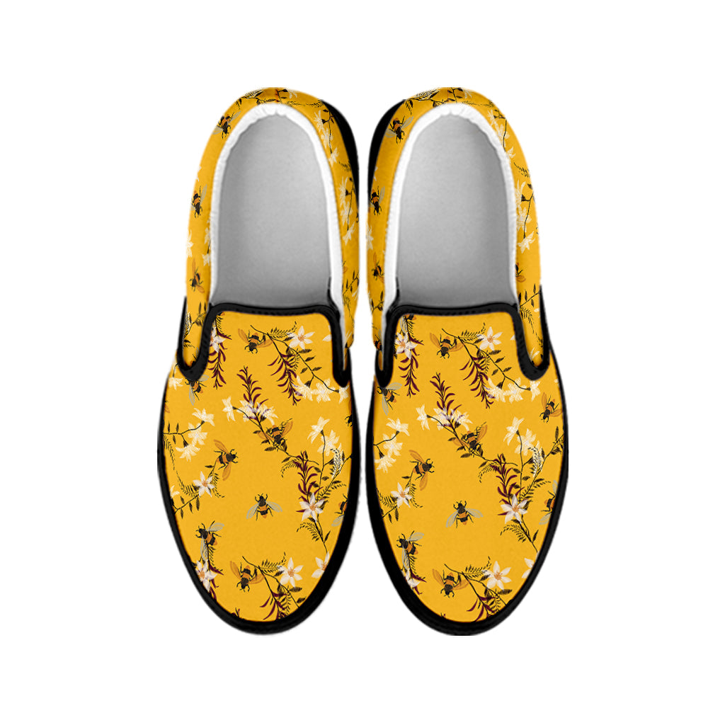 Bee Drawing Pattern Print Black Slip On Shoes