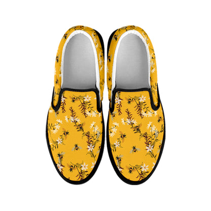 Bee Drawing Pattern Print Black Slip On Shoes