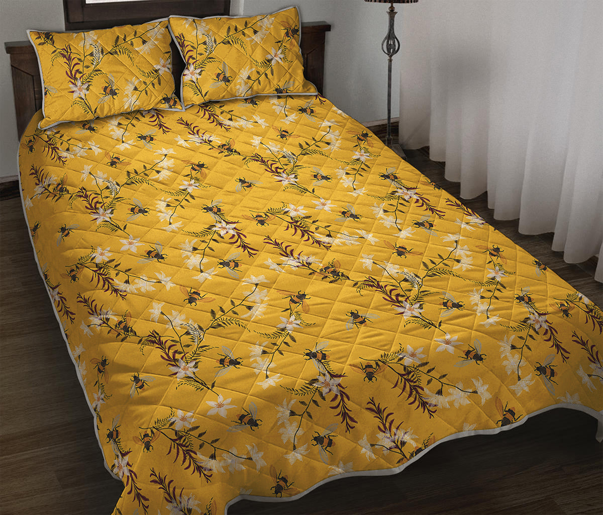 Bee Drawing Pattern Print Quilt Bed Set