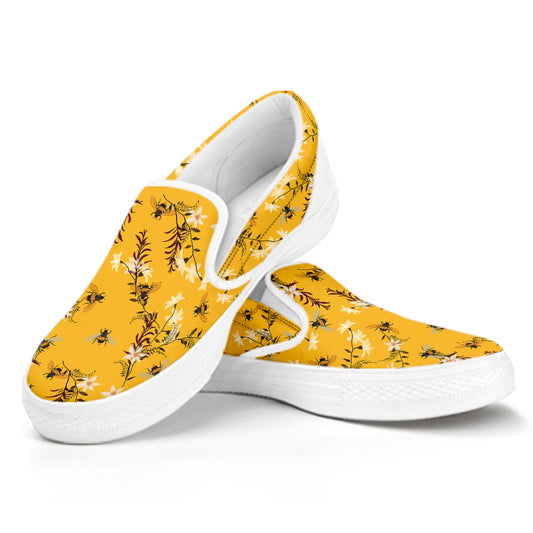 Bee Drawing Pattern Print White Slip On Shoes