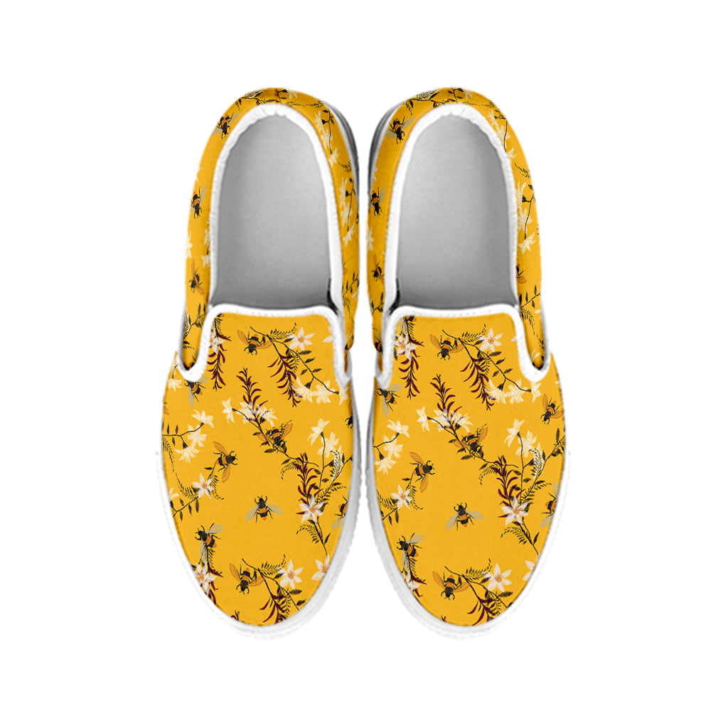 Bee Drawing Pattern Print White Slip On Shoes