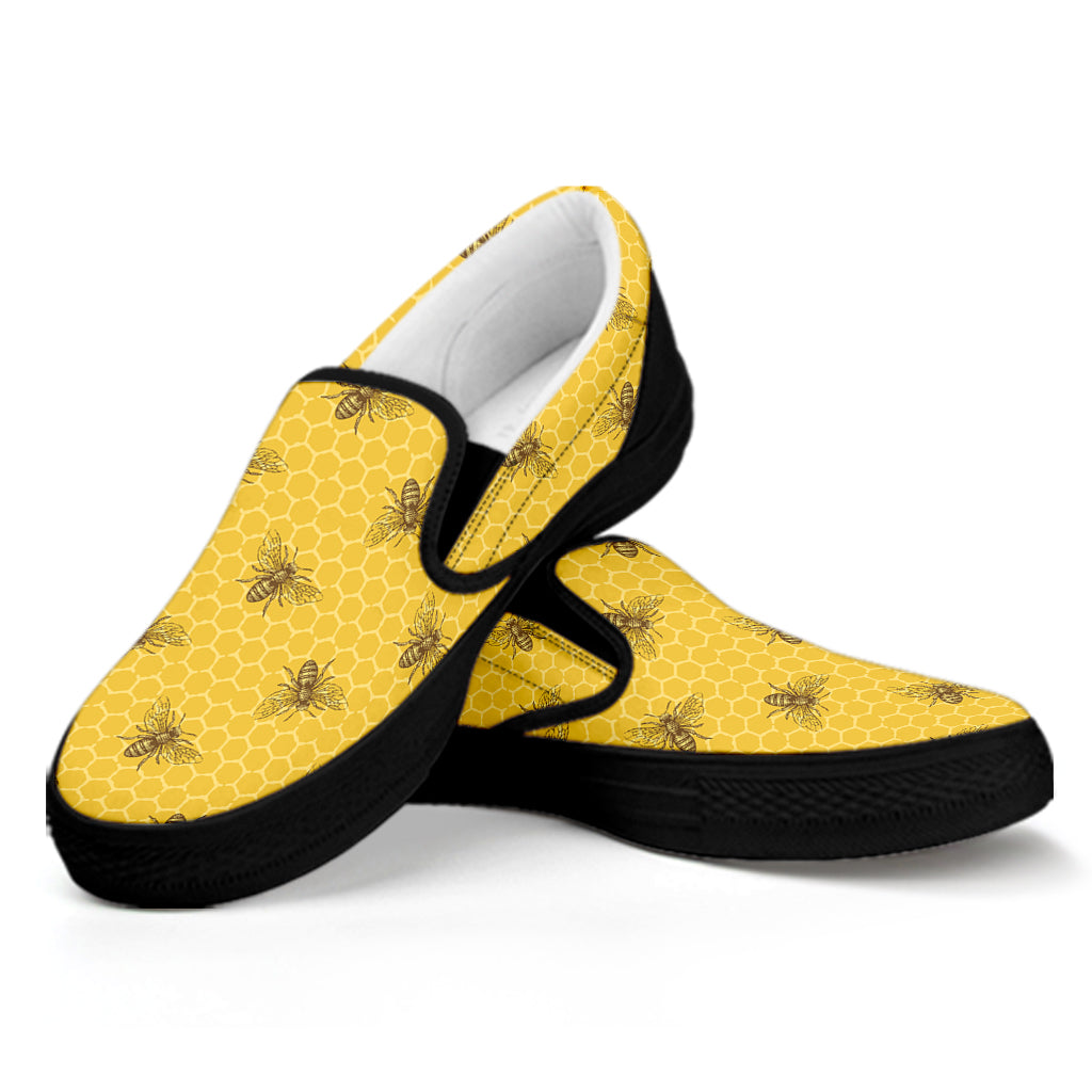 Bee Honeycomb Pattern Print Black Slip On Shoes
