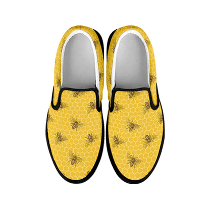 Bee Honeycomb Pattern Print Black Slip On Shoes