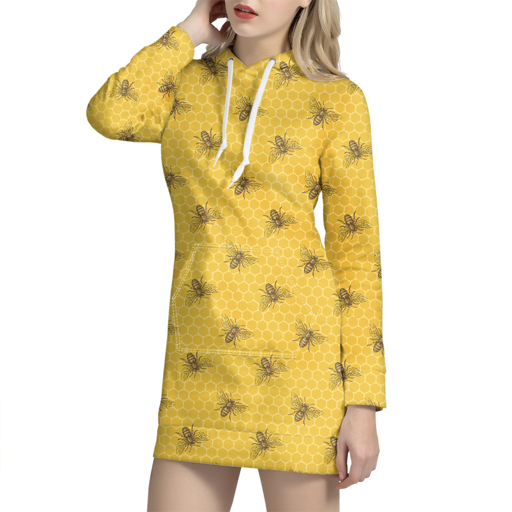 Bee Honeycomb Pattern Print Hoodie Dress