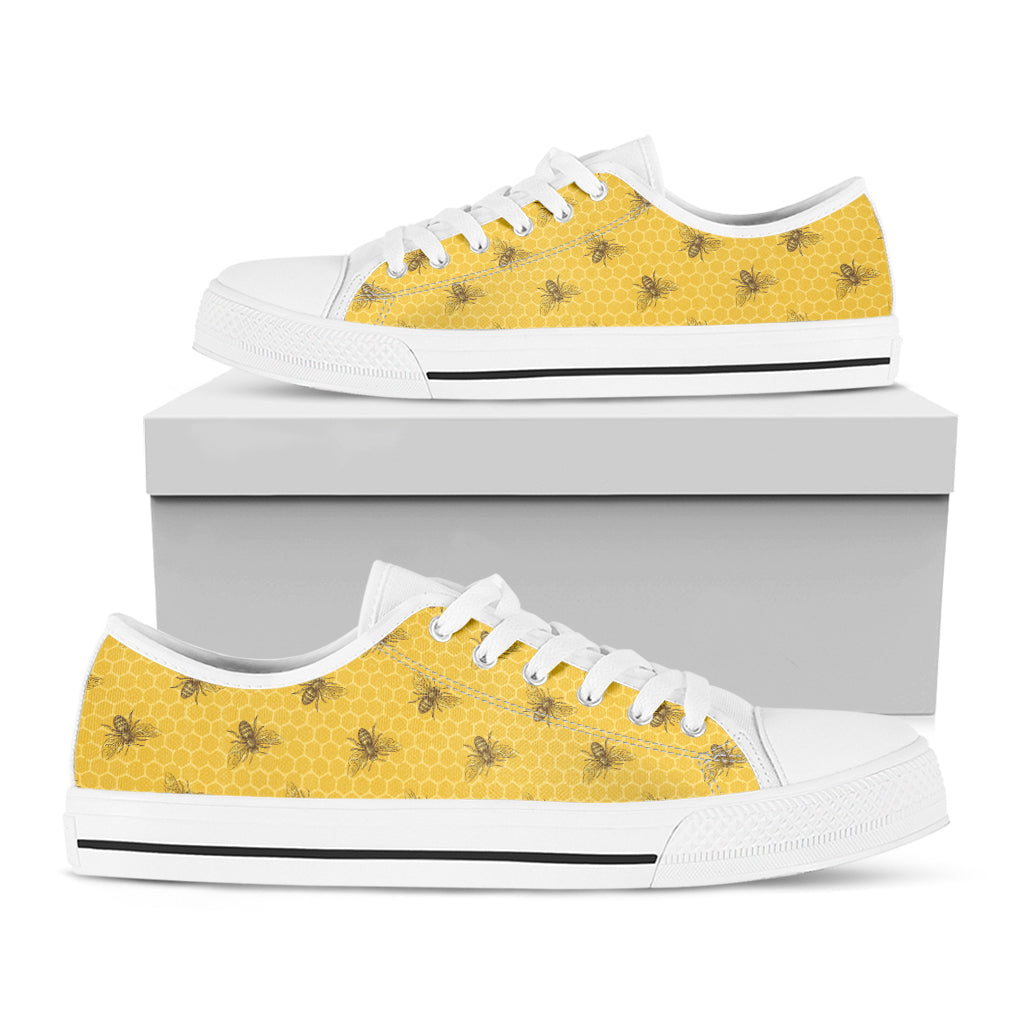 Bee Honeycomb Pattern Print White Low Top Shoes