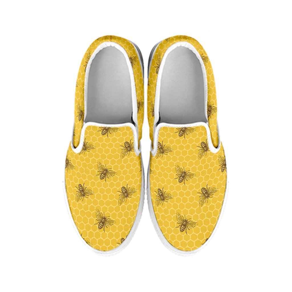 Bee Honeycomb Pattern Print White Slip On Shoes
