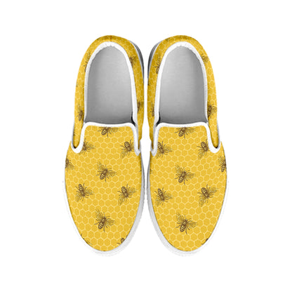 Bee Honeycomb Pattern Print White Slip On Shoes