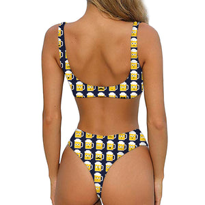 Beer Emoji Pattern Print Front Bow Tie Bikini