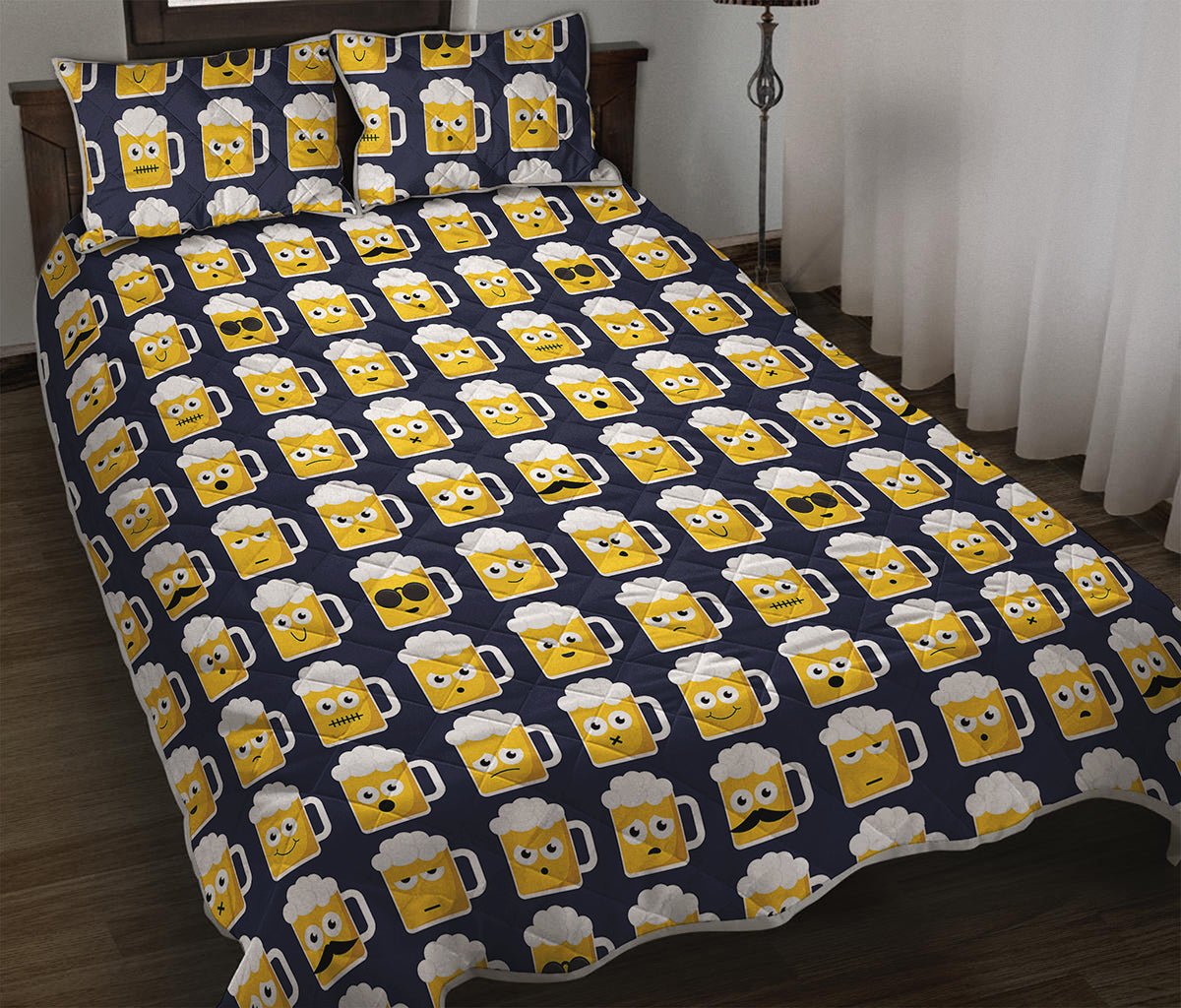Beer Emoji Pattern Print Quilt Bed Set