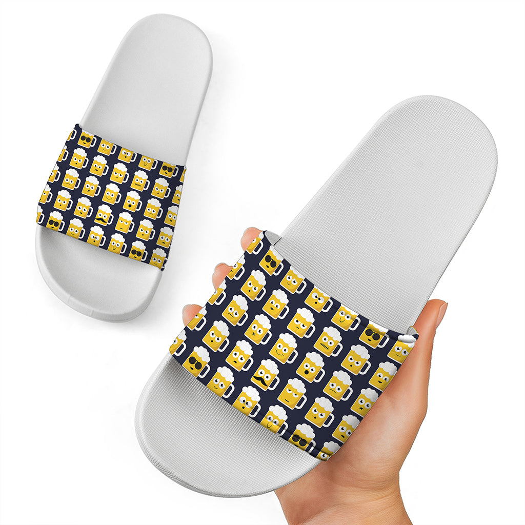 Beer Emoji Pattern Print White Slide Sandals