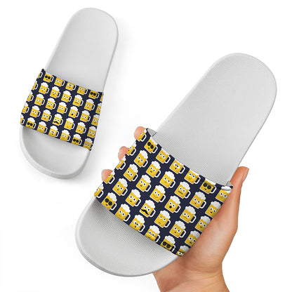 Beer Emoji Pattern Print White Slide Sandals