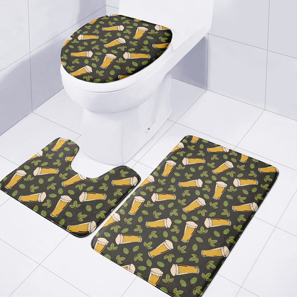 Beer Hop Cone And Leaf Pattern Print 3 Piece Bath Mat Set