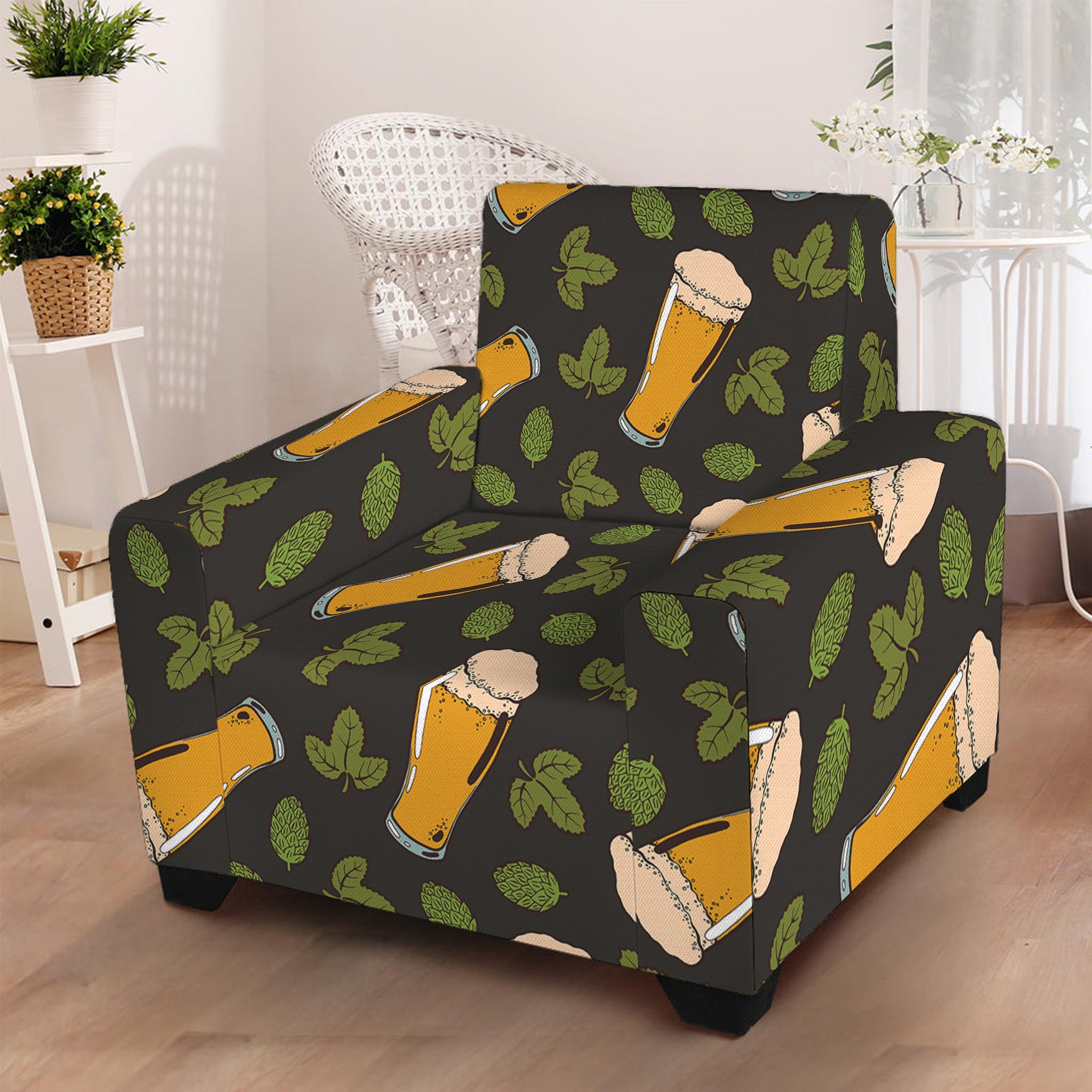 Beer Hop Cone And Leaf Pattern Print Armchair Slipcover