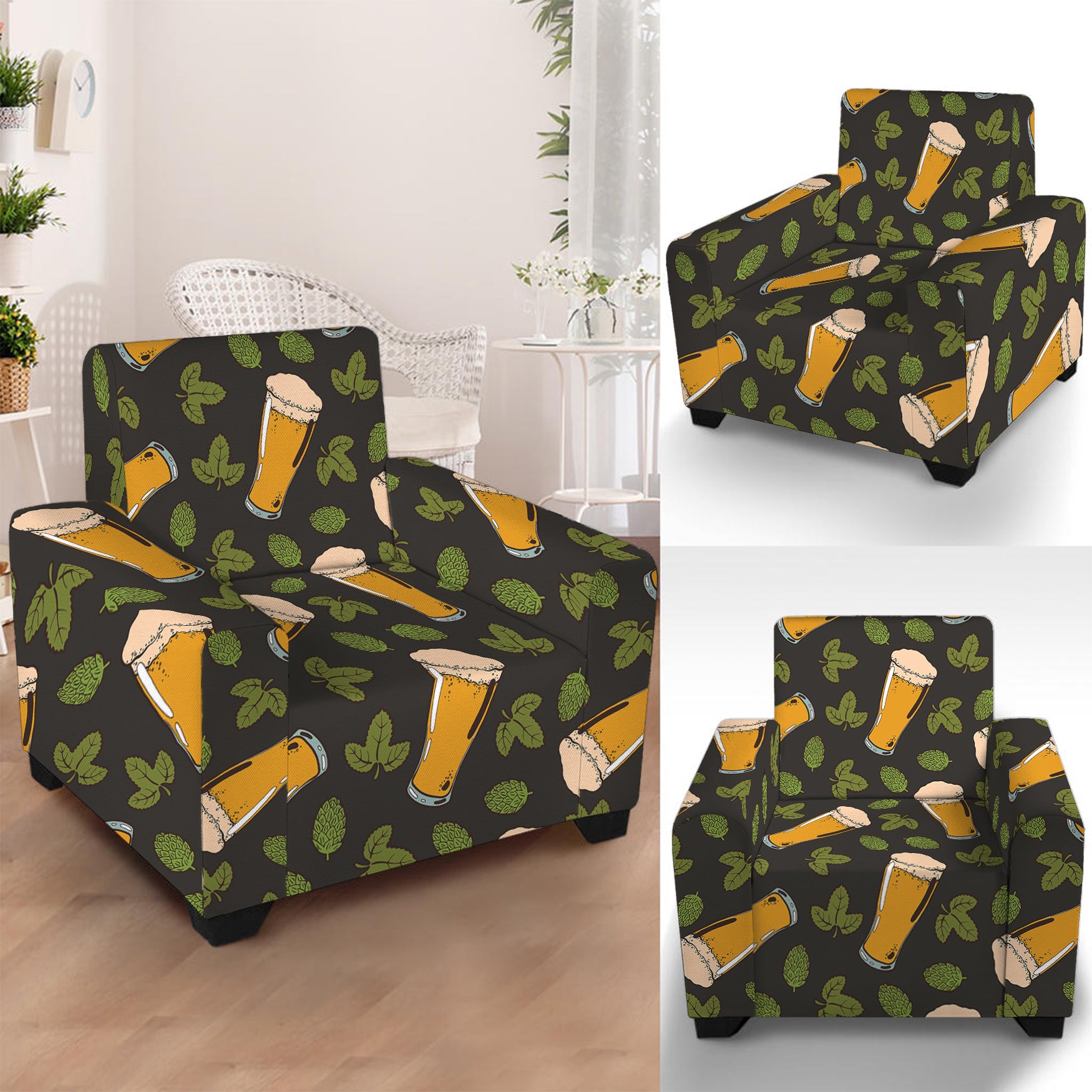 Beer Hop Cone And Leaf Pattern Print Armchair Slipcover