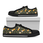 Beer Hop Cone And Leaf Pattern Print Black Low Top Shoes