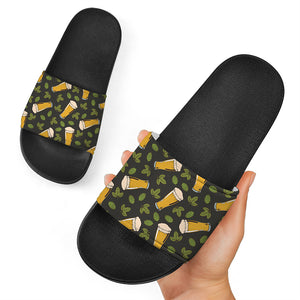 Beer Hop Cone And Leaf Pattern Print Black Slide Sandals